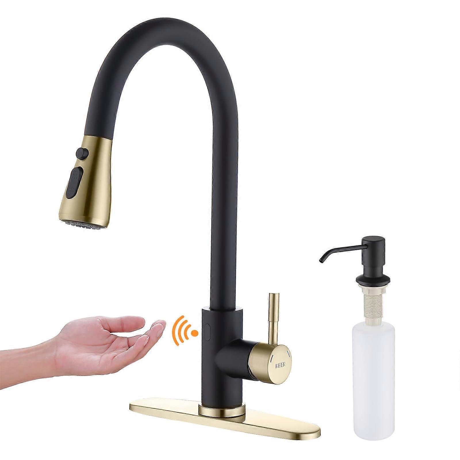 Touchless Kitchen Faucet with Pull Down Sprayer, Motion Sensor, Soap Dispenser, Black and Gold