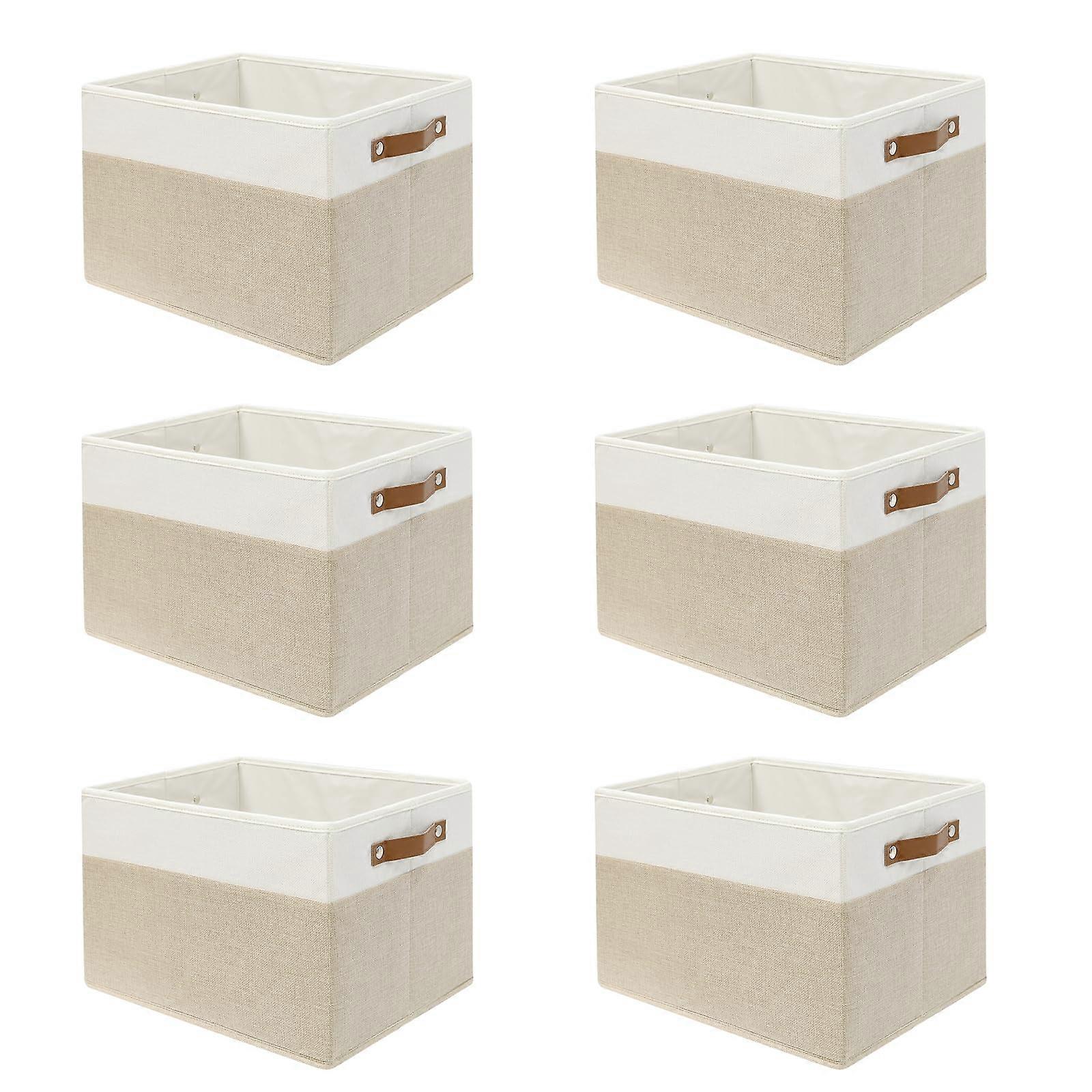 Set of 6 Collapsible Fabric Storage Bins with Leather Handles for Home and Office White Beige