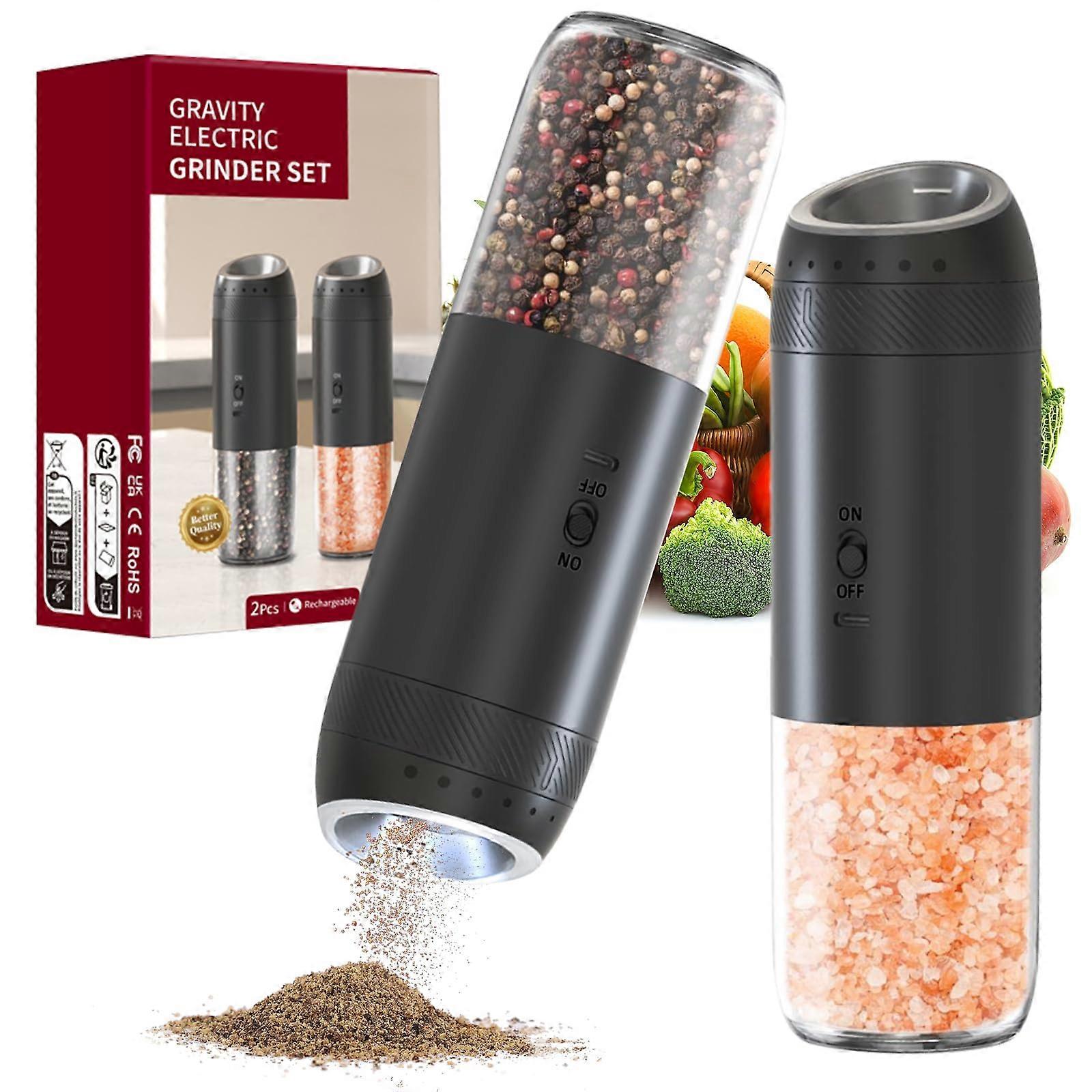 Electric Salt and Pepper Grinder Set with Gravity Sensor, Rechargeable, LED Light, Adjustable Coarseness, Large Capacity, 2 Pack