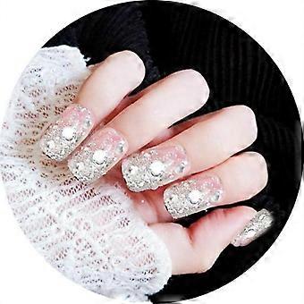 False Nails Full Cover Silver Glitter Artificial Nail Tips with Glue for Bridal and Party Wear