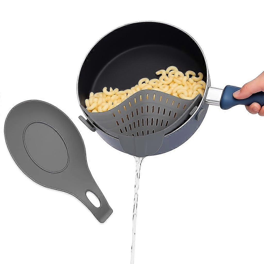 2in1 Gray Silicone Pasta Strainer and Spoon Rest Combo for Fast Draining and Mess Cooking