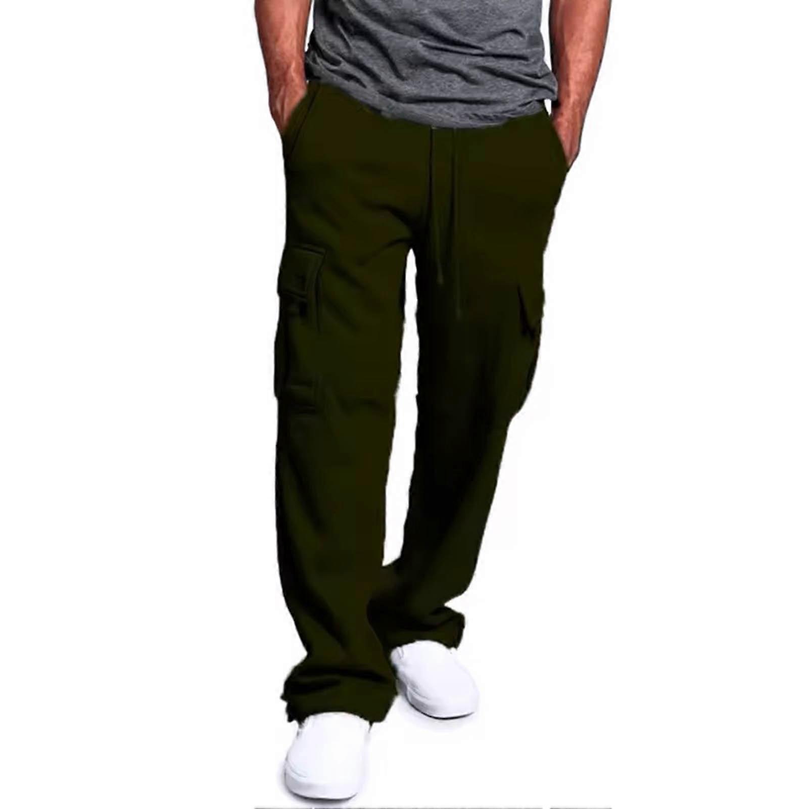 Men Cargo Pants Elastic Waist Adjustable Drawstring Casual Overalls with Multi Pockets Solid Color