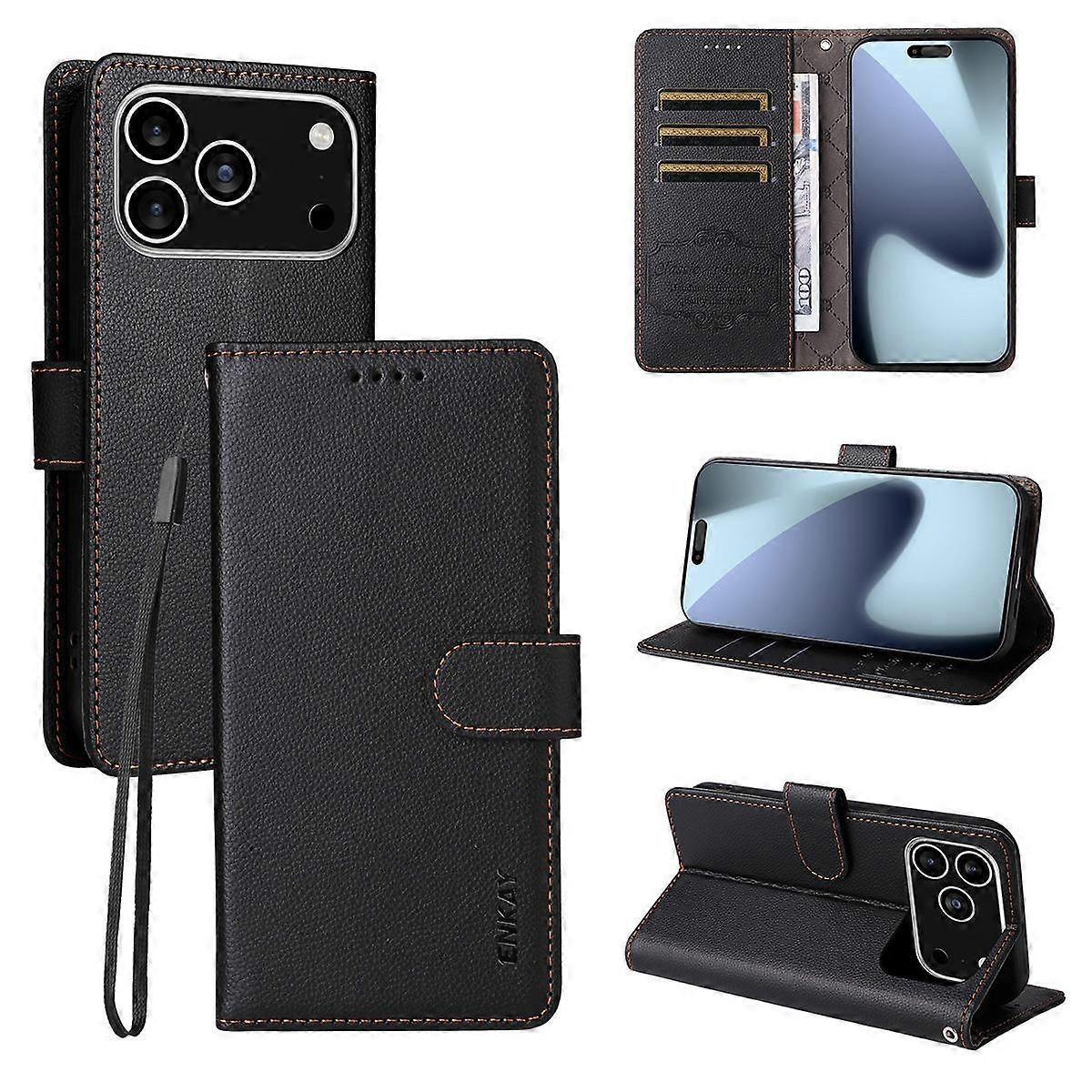 ENKAY RFID Blocking Wallet Kickstand Litchi Texture Leather Phone Case