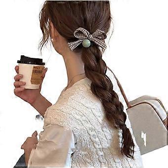 Coletero con elegante lazo a cuadros y cuenta decorativa, banda elástica para cabello largo para mujeres.