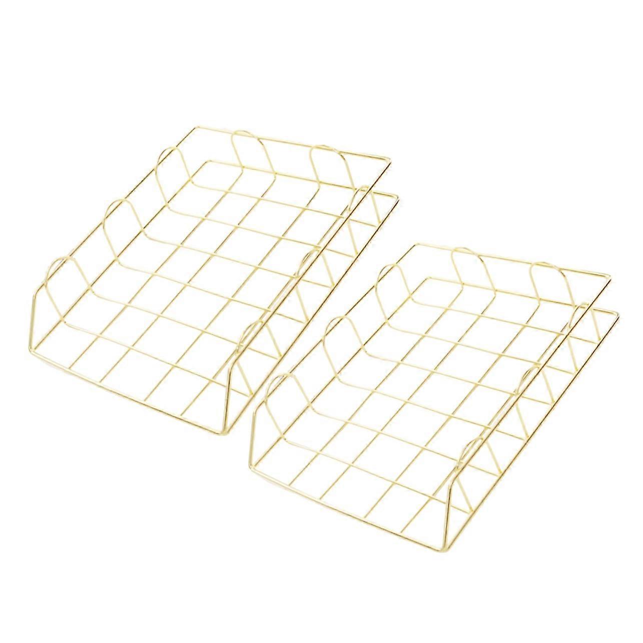 2pcs Gold Metal Desk Organizer File Storage Basket Stackable Document Rack for Office