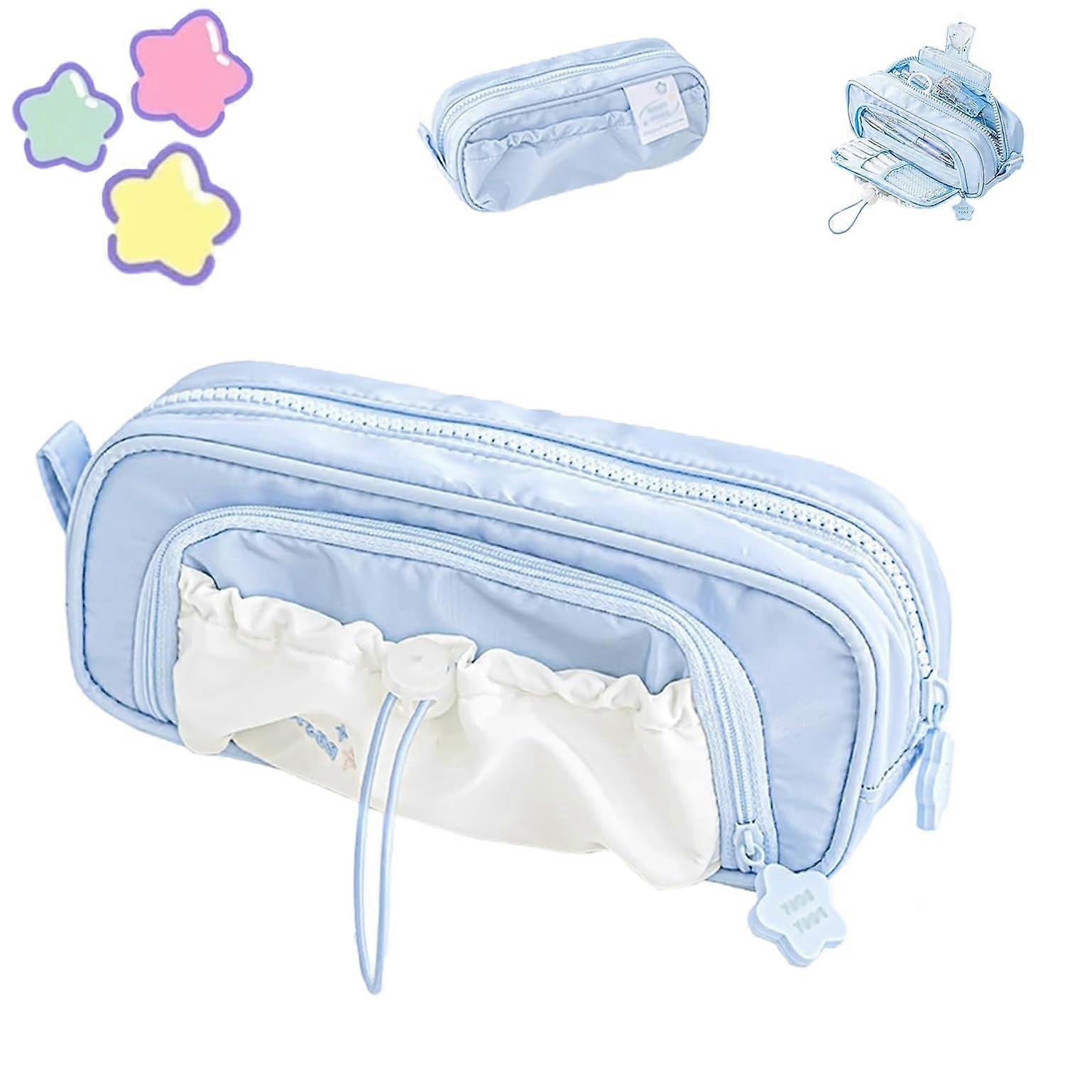 Kawaii Pencil Case Large Capacity Waterproof Multi Layer Drawstring Pen Pouch for Students Blue