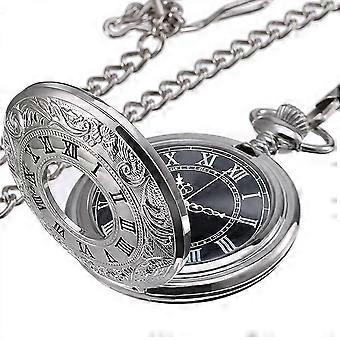 Montre de poche à quartz pour homme avec cadran noir et chaîneArgent