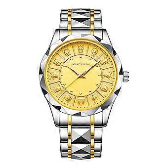 Luxury Gold-Tone Round Dial Watch with Geometric Bezel and Silver-Tone Bracelet