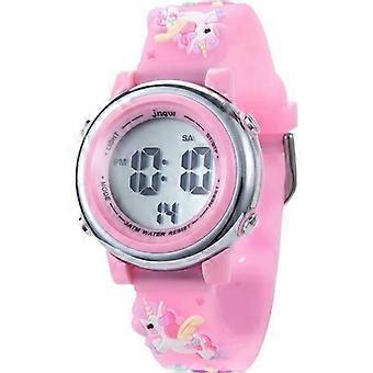 Zeiger Pige Elektronisk Børneur Pink Enhjørning 3D Armbånd 7 LED Baggrundsbelysning Alarm Stopur Dato Vandtæt