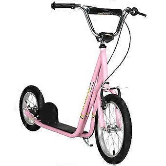 Kids' scooter with pneumatic tires and handbrake, 16-inch height-adjustable kick scooter for boys and girls aged 5 and up, pink kickboard city scooter