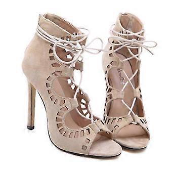 Peep-Toe Lace-Up Stiletto High Heels 10cm Thin Heel Fluff PVC Sole Black Apricot 35-42 Women