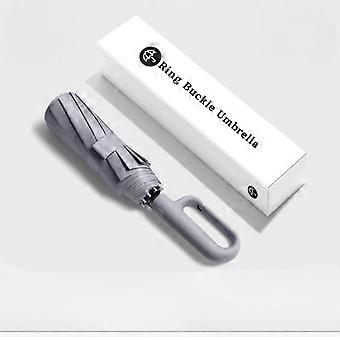 Compact Travel Umbrella Windproof Folding Design with Reflective Safety Strips and Ring Handle, Grey