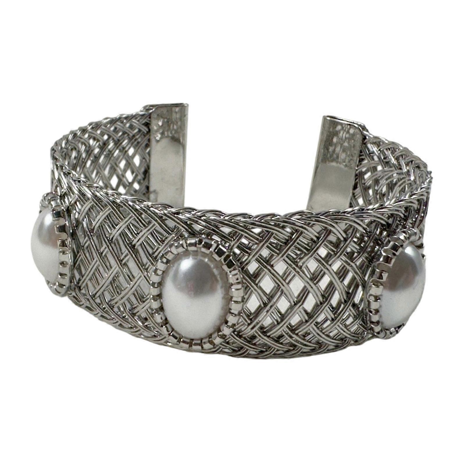 Wide Statement Cuff Bracelet with 3 Raised Oval Details, Interlaced Openwork Texture, and Open Bracelet Design Multicolor