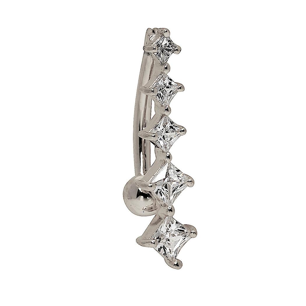 14k Yellow or White Gold Princess Square CZ Bar Top Mount Belly Button Ring Dangle (4mm x 20mm) Body Piercing-Ring for W