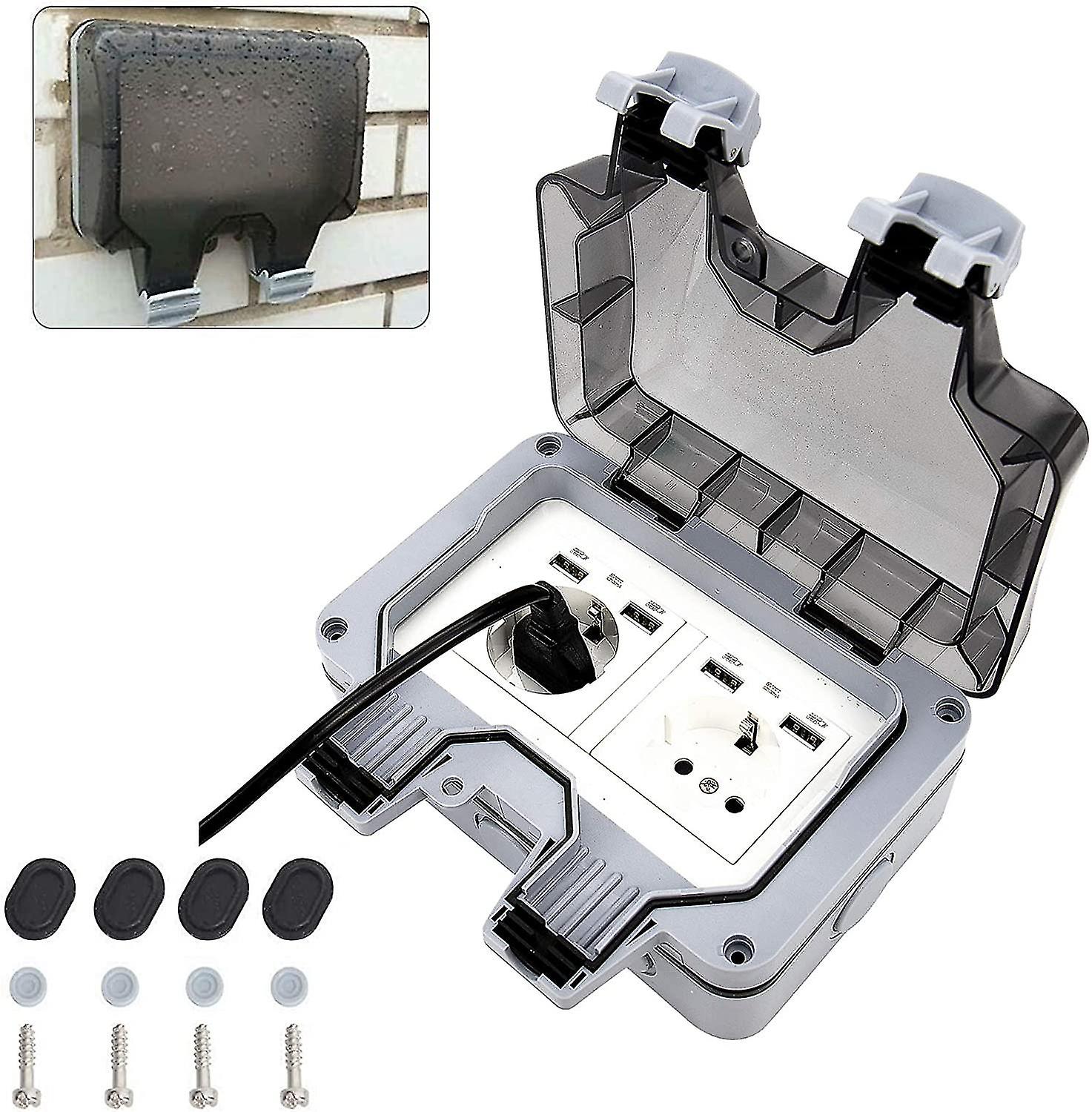 Ip66 Double Socket With Usb Ports - Waterproof Electrical Wall Socket - Outdoor Socket - Surface Mounting - Protection Contact