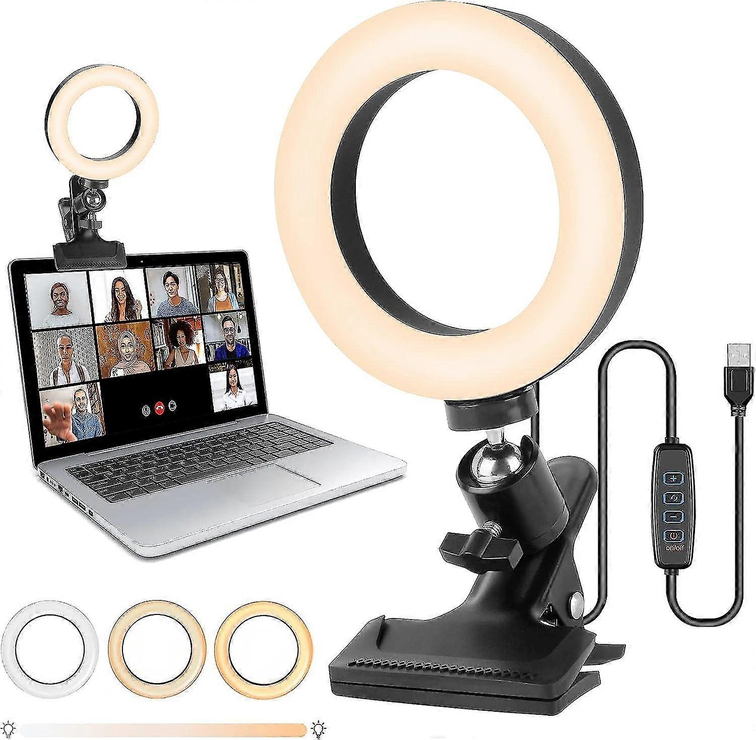 Laptop Ring Light, LED Video Conferencing Clip Clip Light Dimmable Continuous Light Webcam with 3 Colors 10 Brightness Levels for Selfie Remote Work S