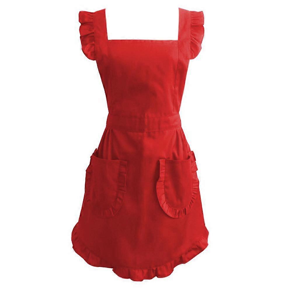 QQDD Retro Adjustable Ruffle Apron with Pockets, Small to Plus Size Ladies