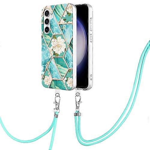 For Samsung Galaxy S23 FE 5G Electroplating Splicing Marble Flower IMD TPU Mobile Phone Case with Lanyard