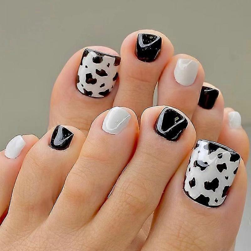24 Pack False Toenails Short Square Black And White Leopard Foot Cow False Toenails Artificial Toenails For Summer Beach Full Coverage Toenails For Wo