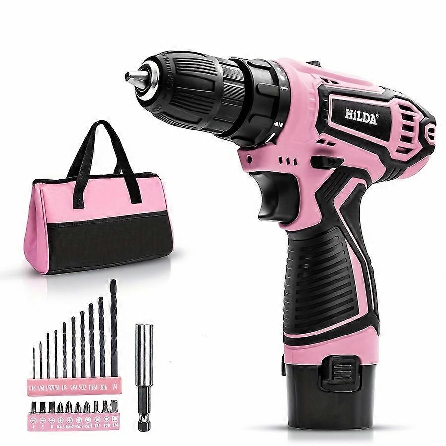 12V Pink Cordless Drill Driver Set, Electric Drill, Various Speed, Li-Ion Battery Powered, 25+1 Torque Setting, 3/8 Keyless Chuck, Electric Drill For 