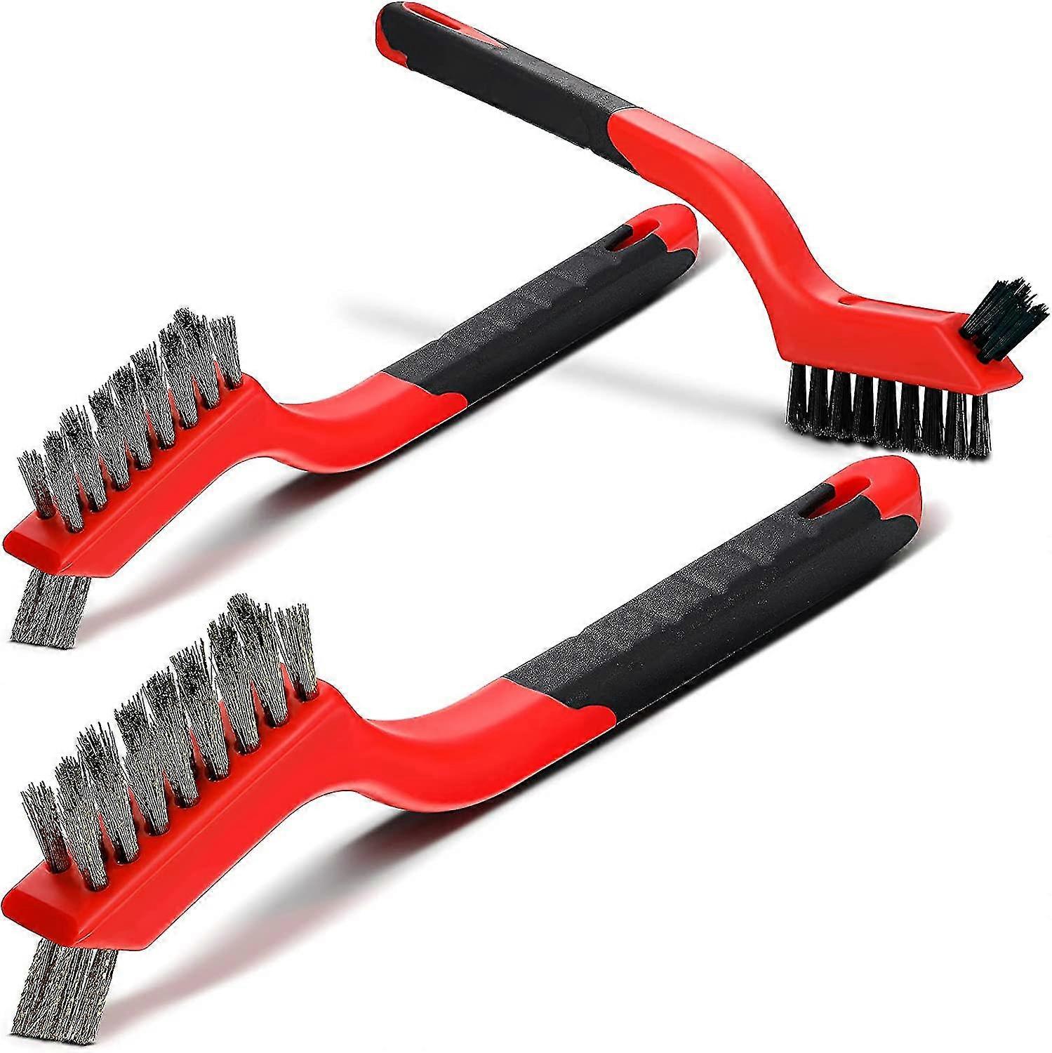 3pieces Mini Wire Brush Set Cleaning Welding Slag And Rust Curved Handle Masonry Brush Wire Bristle Stainless ,black And Red