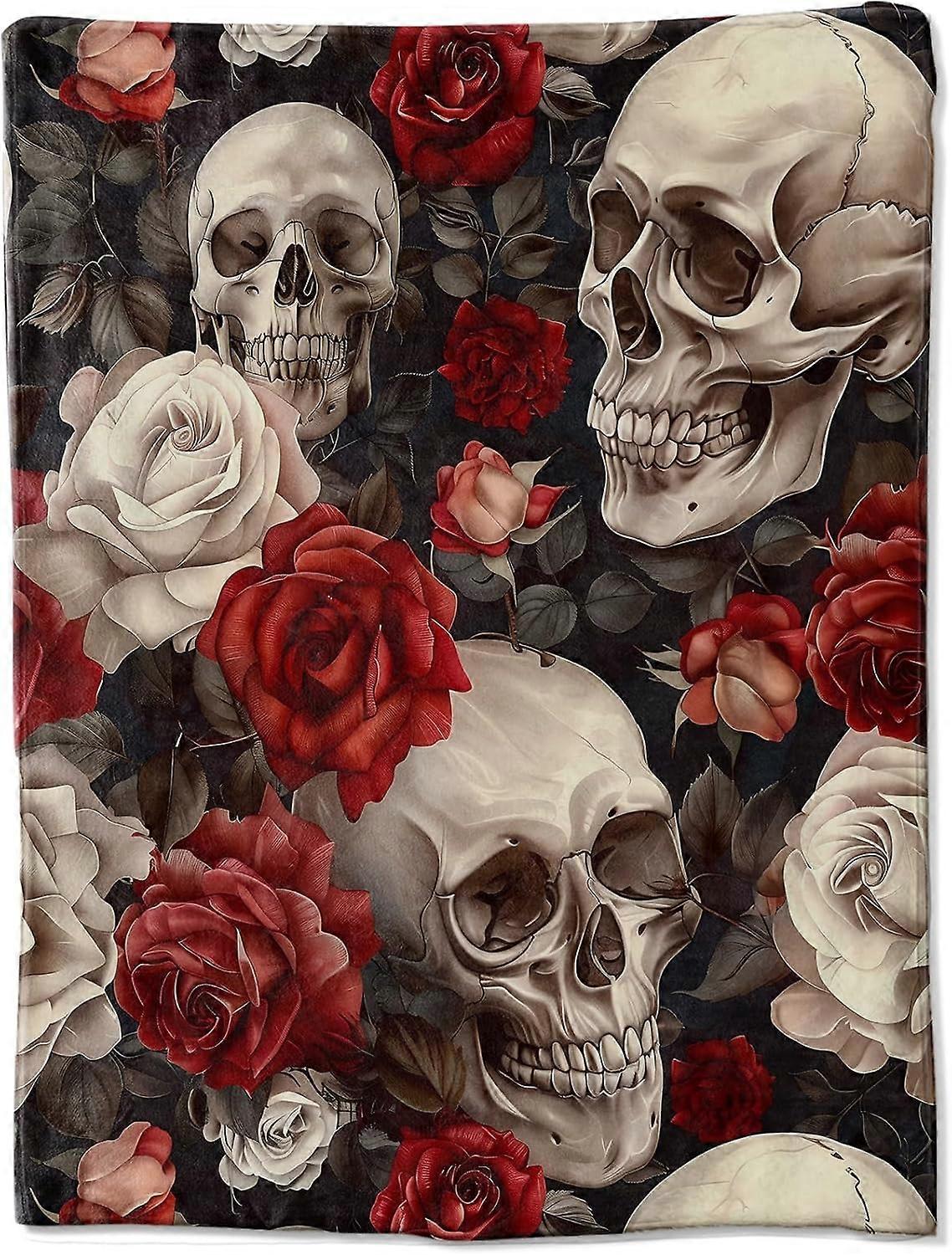 Manta de Lã com Caveiras e Rosas Góticas - Design Floral Escuro e Misterioso com Rosas Vermelhas e Brancas