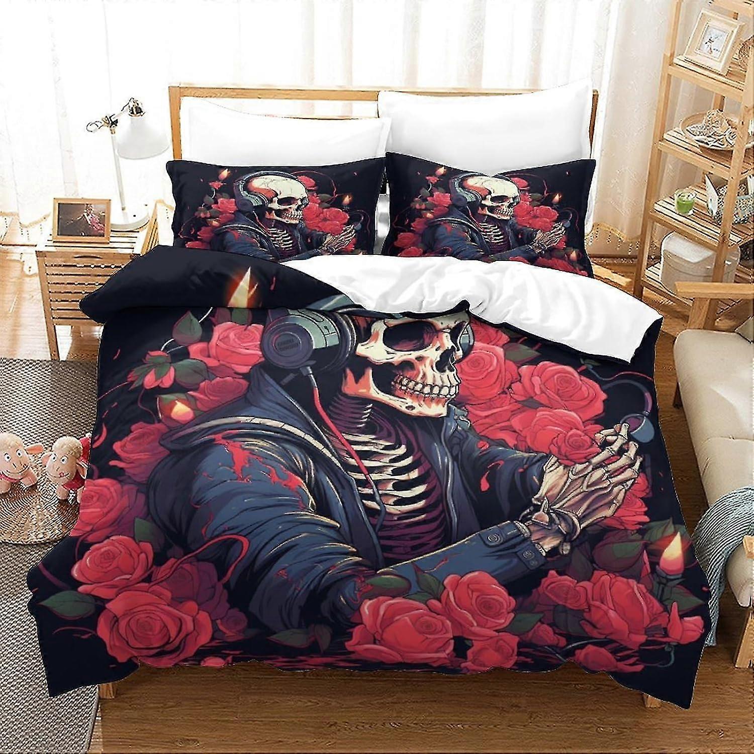 o4287 Lenzuola 3 pezzi scheletro umano set di biancheria da letto con federe controller di gioco copripiumino con chiusura a cerniera copripiumino in morbida microfibra doub