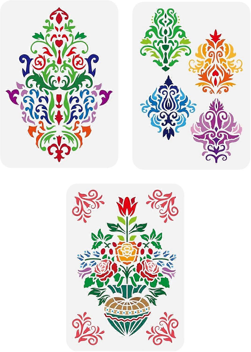 3 Pcs Damask Pattern Stencil 8.3x11.7inch Rose Damask Brocade Painting Template Reusable Floral Allover Pattern Decoration Stencil for Painting on Woo
