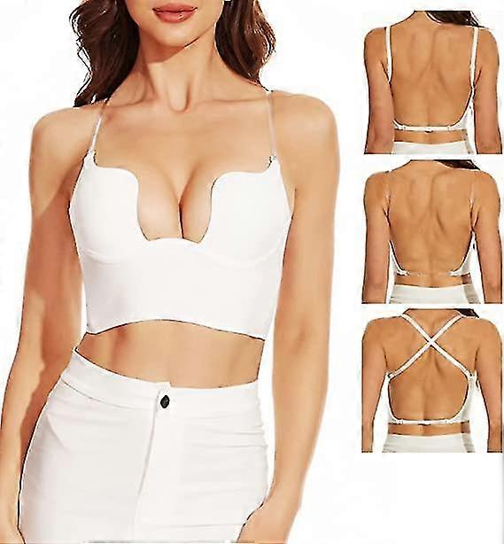 Womens Low Back Bra Wire Lifting Deep U Shaped Plunge Backless Bra With Convertible Clear Straps