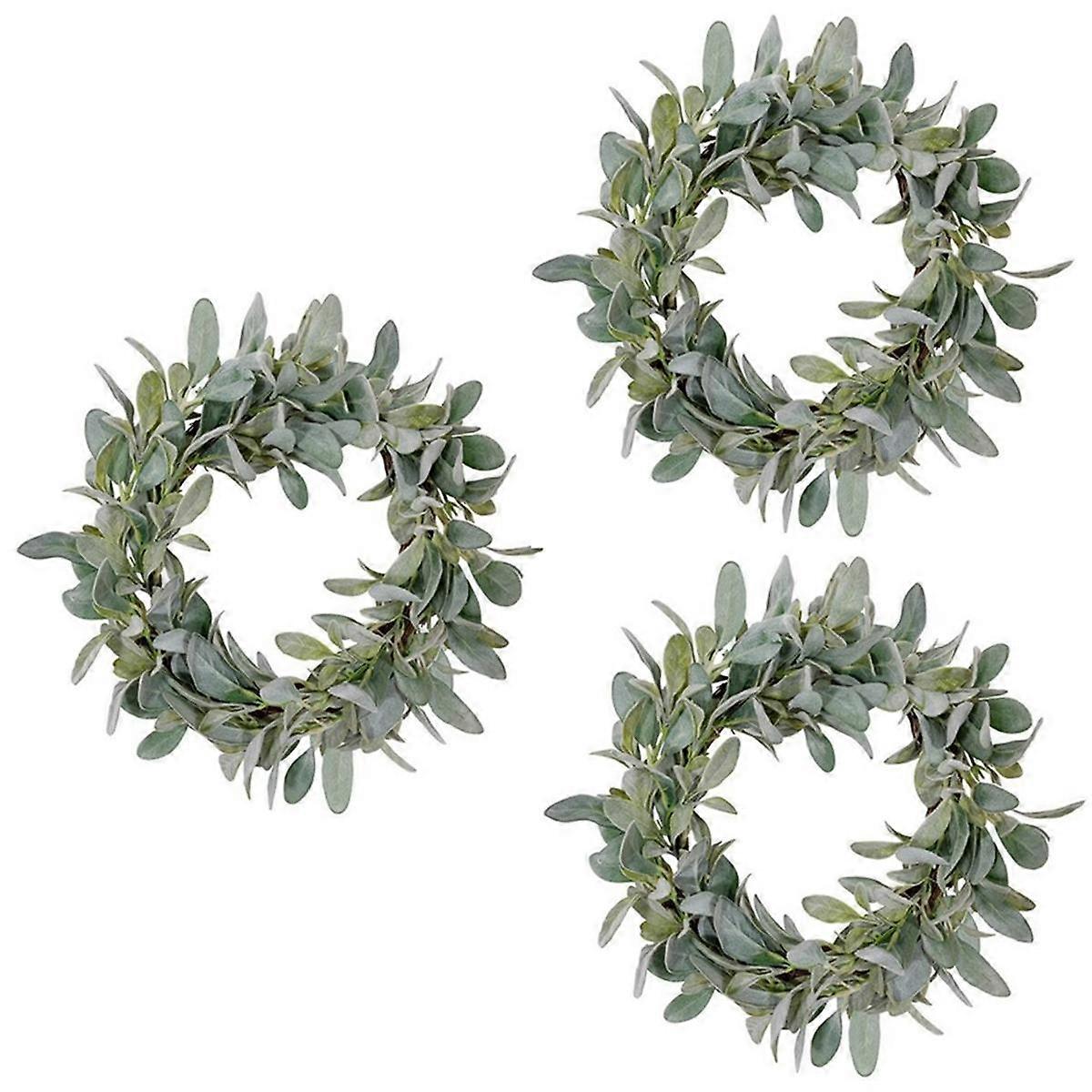 3 Pcs Spring Flocked Lambs Ear Wreath, Year Round Everyday Foliage Wreath on Grapevine Base with Greenery Leaves
