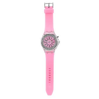 Female Children LED Back Light Quartz Round Watch Silicone Strap Wristwatch (Pink)