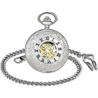Dual Time Display Hollow Skeleton Steel Hand-Wind Mechanical Pocket Watch Silver