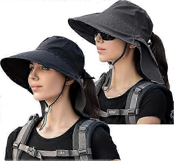 2-osainen aurinkohattu naiset niskasuojalla leveälierinen poninhäntäsäädettävä rantakalastajamusta+tummanharmaa