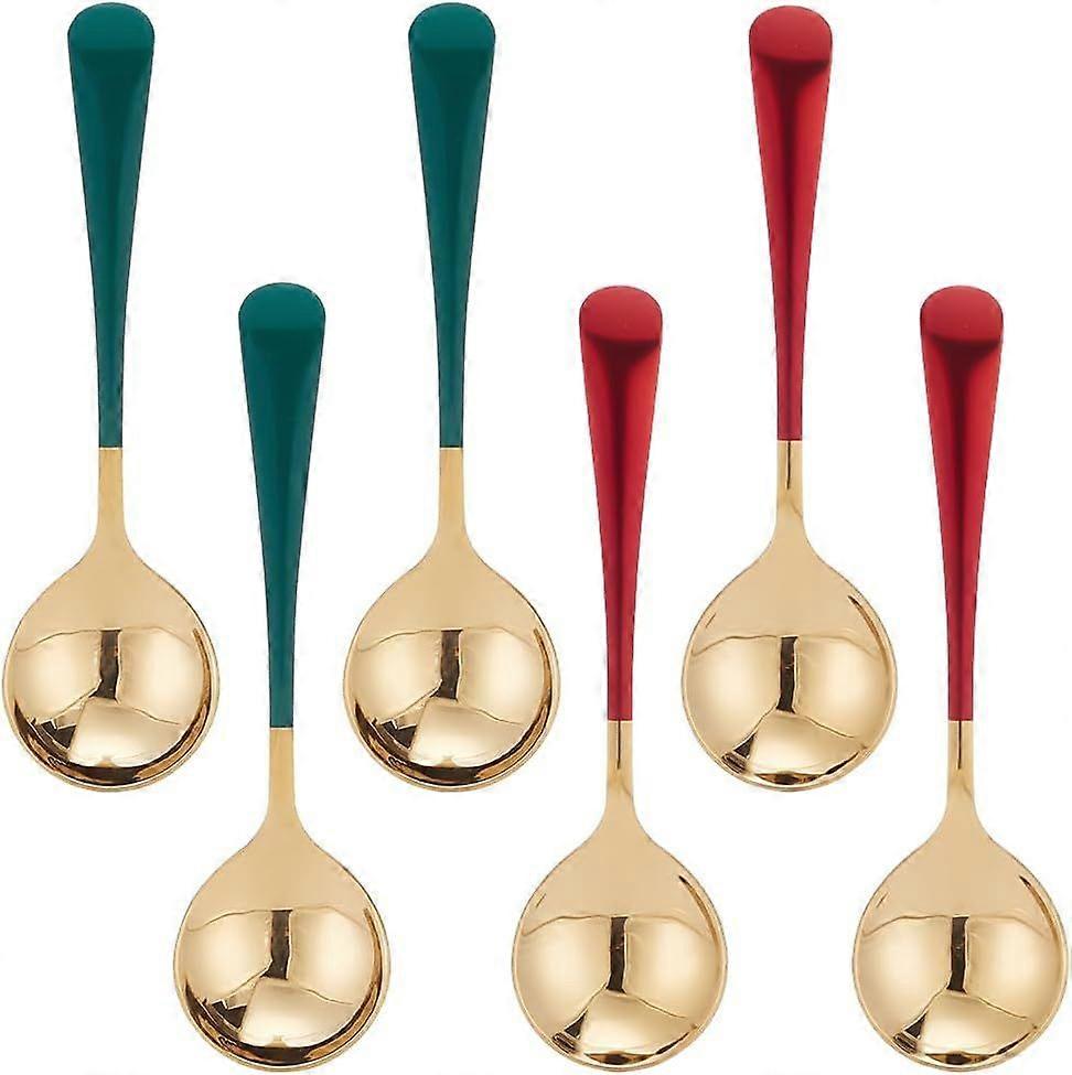 6 Pcs 2 Colors Soup Spoons Stainless Steel Round Head Spoon with Red or Green Handle Metal Teaspoon Soup Spoons Tableware for Stirring Mixing Sugar De
