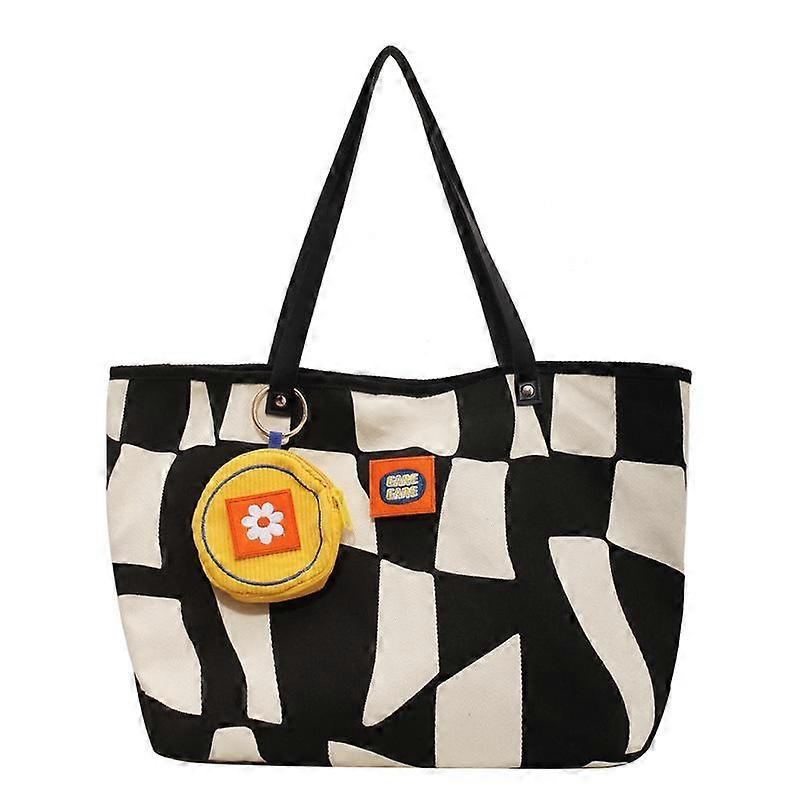 Versatile Large Capacity Canvas Bag Student Backpack Tote Bag Geometric Contrast Shoulder Bag