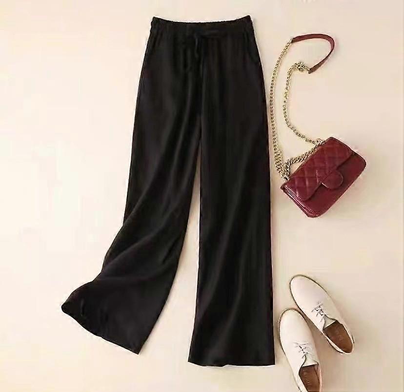 Cotton Linen Summer Wide Leg Pants Vintage Casual Long Trousers Women's Solid Color White Black Elastic High Waisted Pants