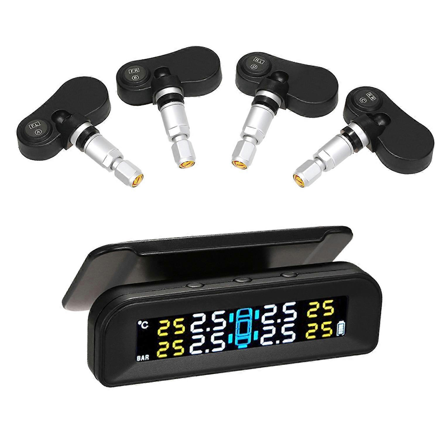 Tire Pressure Monitoring System Wireless Real-time Solar Energy Clear LCD Display 4 Internal Sensors