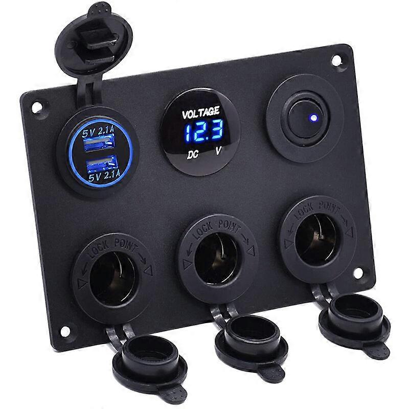 6 in 1 Multi-Function Waterproof Panel, with 12V Power Socket, Dual USB Socket Charger, Blue LED Voltmeter, Illuminated Rocker Switch