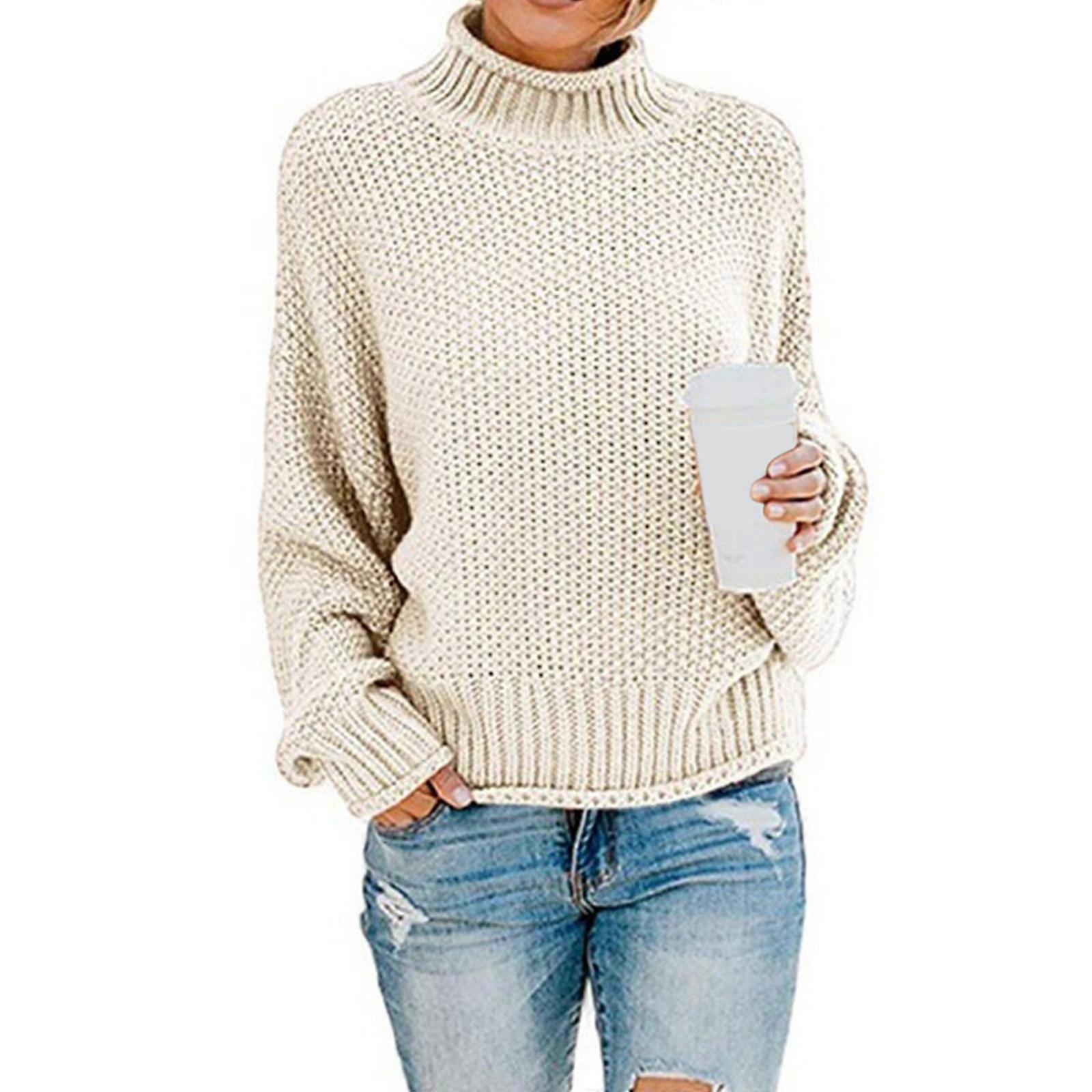 Damen Herbst Langarm Rollkragenpullover Casual Loose Chunky Strickpullover Pullover