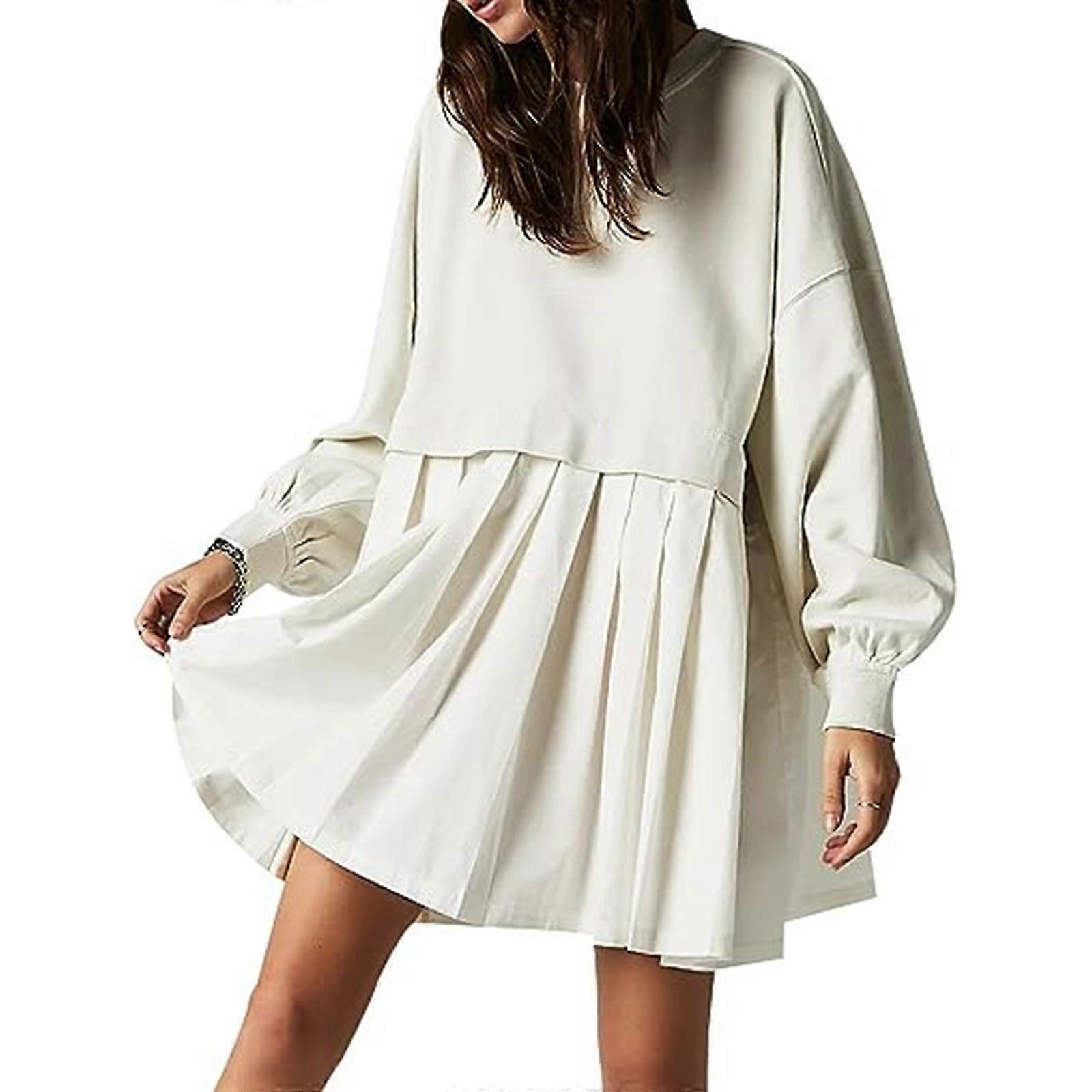 Women's Long Sleeve Flowy Pleated Sweatshirt Dress Elegant Patchwork  Crewneck Oversized Pullover Mini Dress White XXL | Fruugo NO