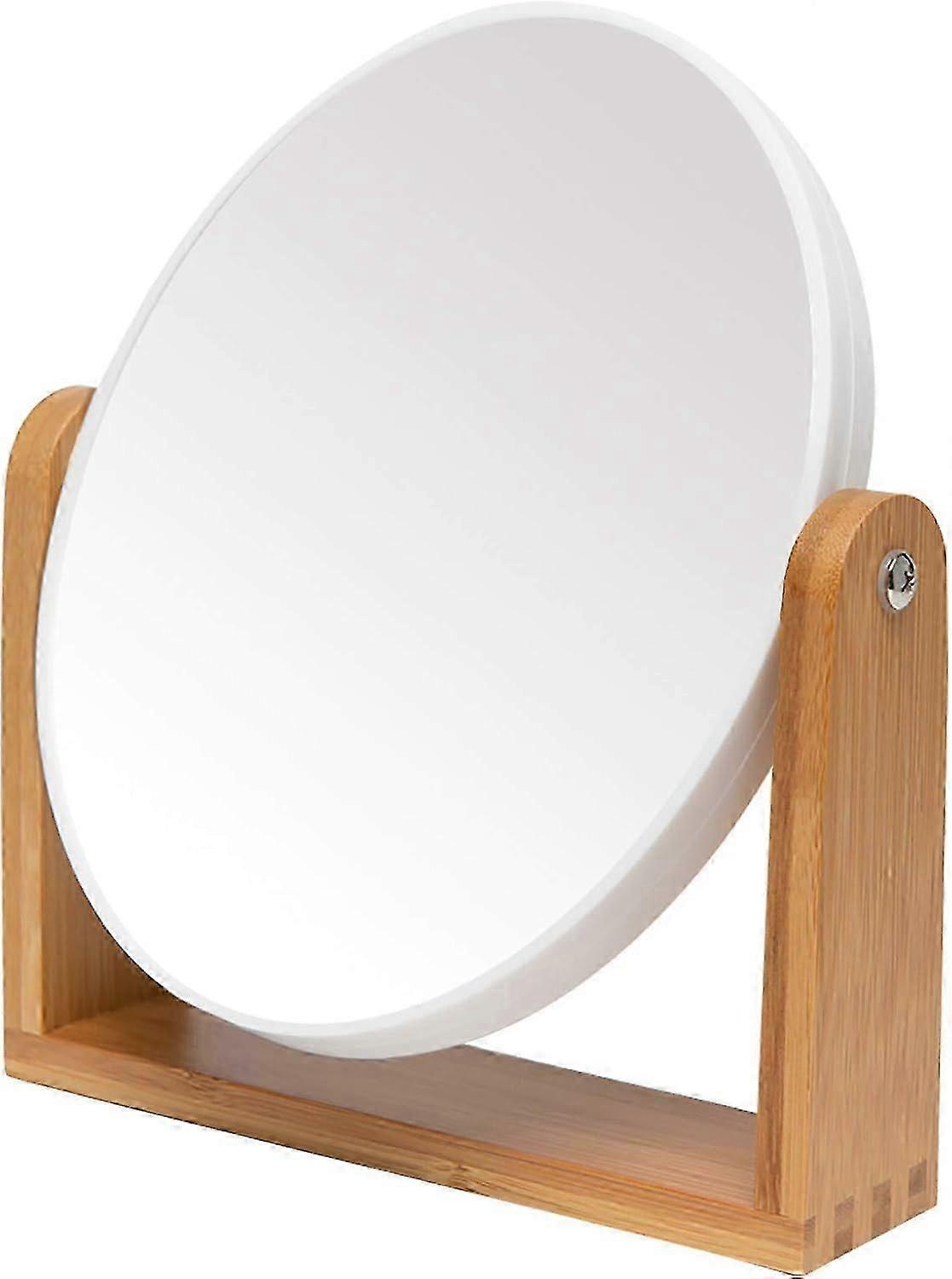 Vanity Mirror with Natural Bamboo Stand, 8 Inch 1X/2X Magnification Double Sided 360 Degree Rotating Magnifying Mirror(White-oval) hwy