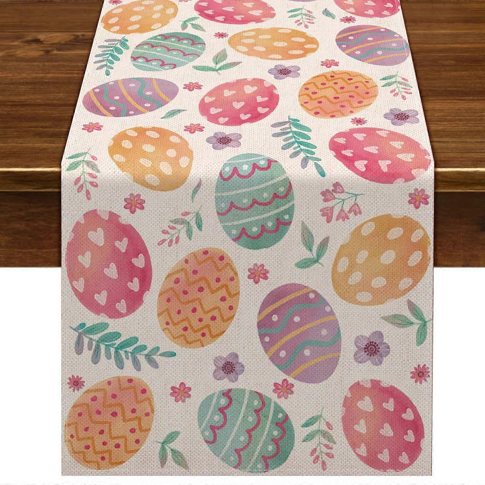 Linen Happy Easter Spring Table Runner 13" x 72" for Dining Room Kitchen Decoration with Easter Egg Design