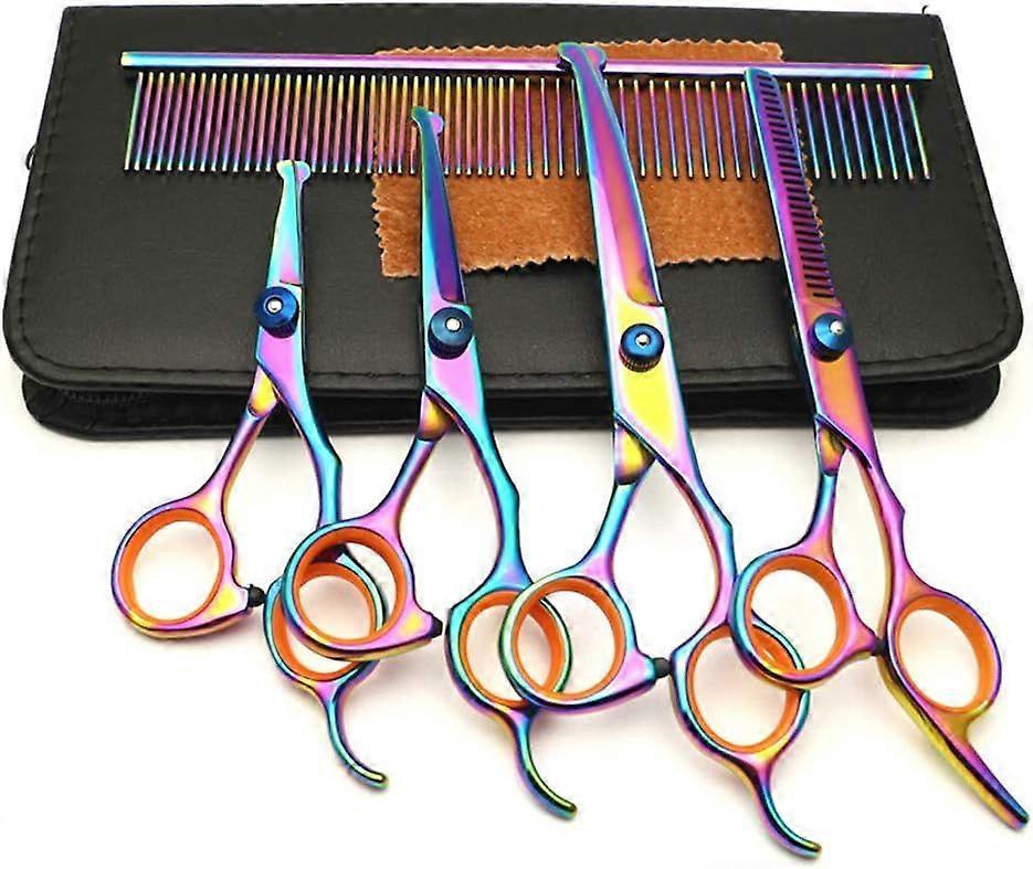 Pet Grooming Scissors Set Round Tip, Pet Trimmer Kit -Effiling Scissors, Curved Scissors, Comb Leather Box