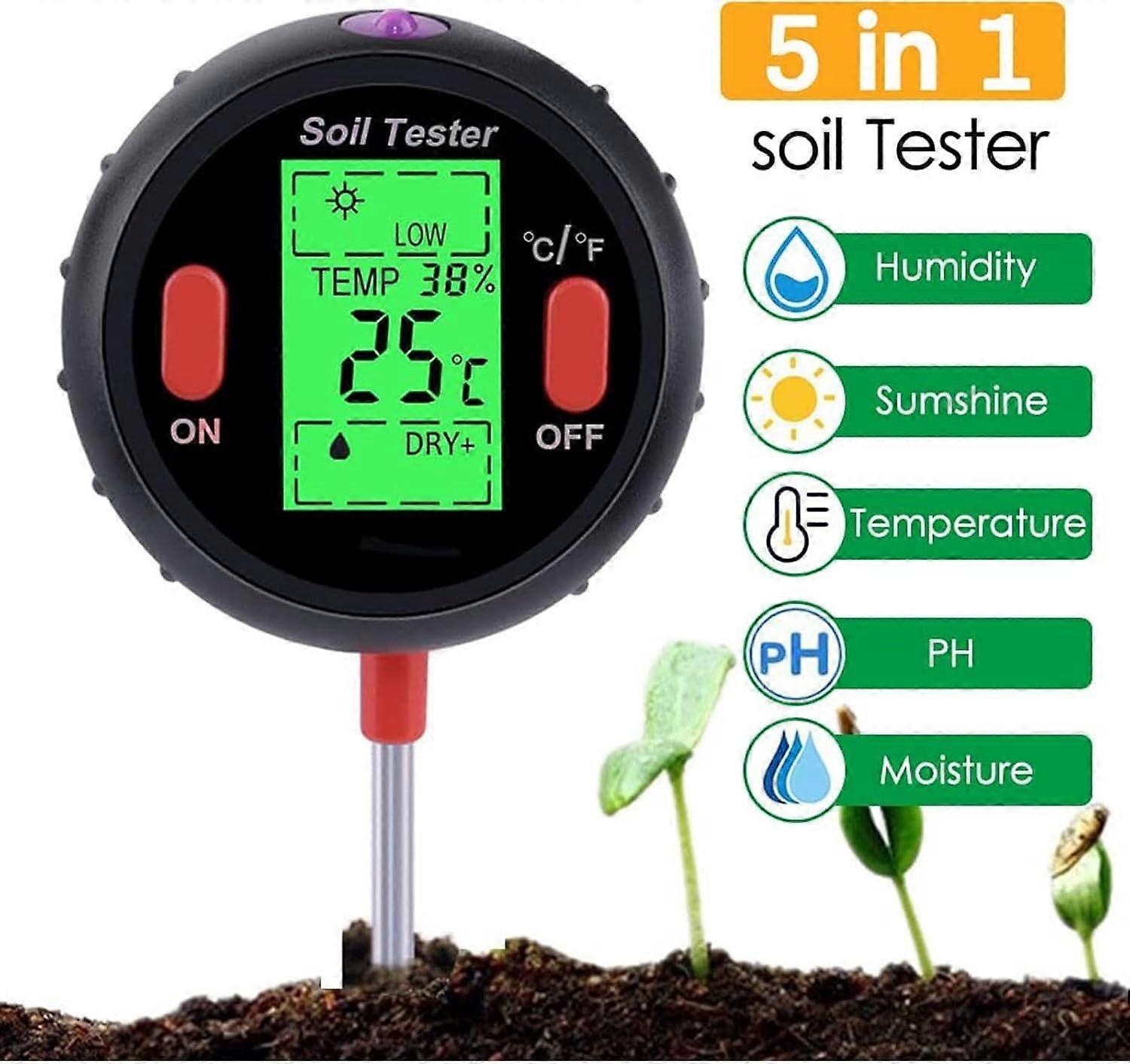 Soil Moisture Meter 5-in-1 Soil PH/Moisture/Light/Light Tester Gardening Tool