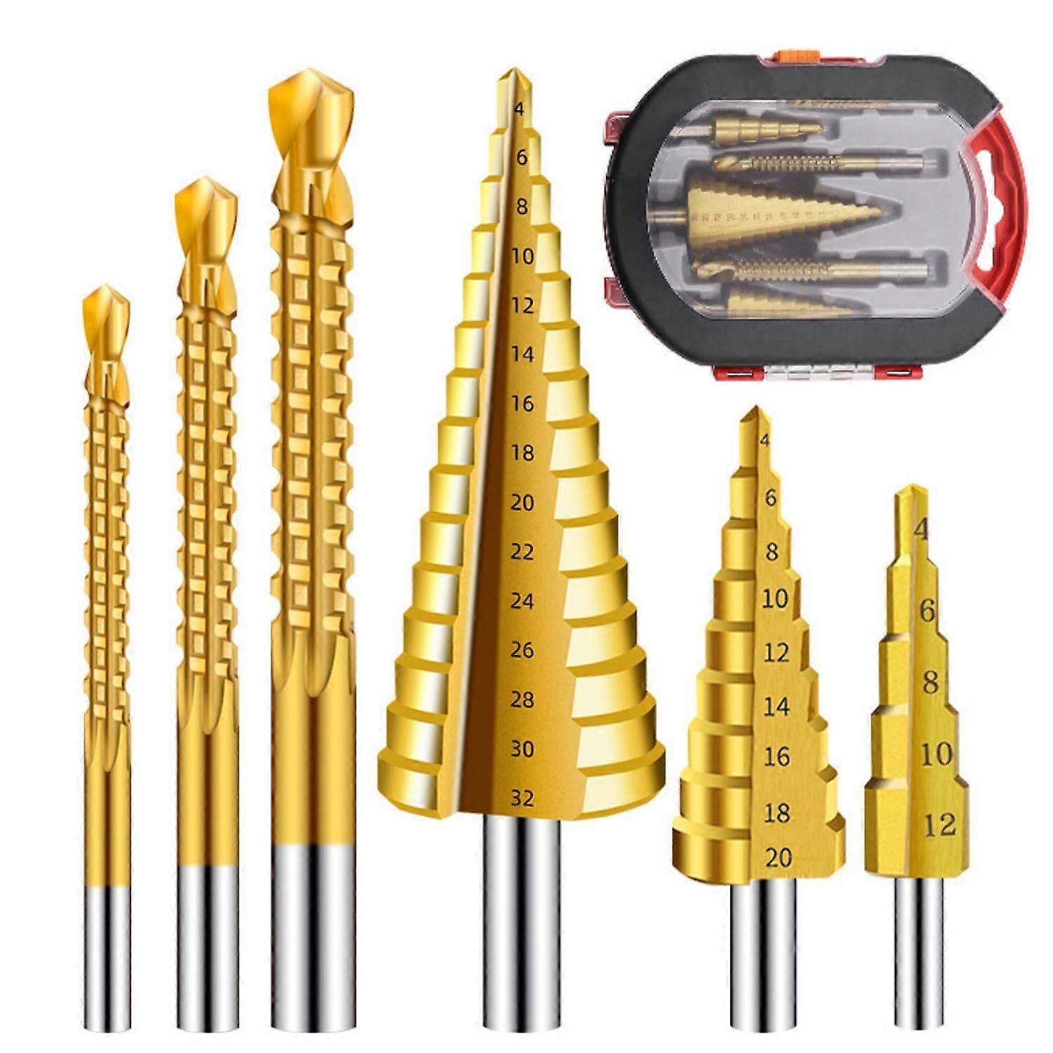 6PCS HSS Drill Bit Set with Titanium Coated Case,Included 3 Sizes of Step  Twist Drill Bits
