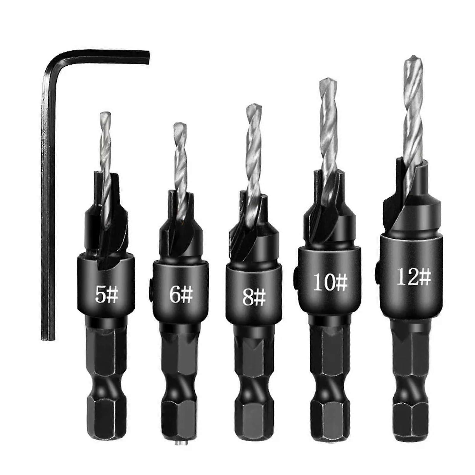 5PCS Countersink Drill Bit Set Reamer Woodworking Chamfer Drill Counterbore Pliot Hole Cutter Screw Hole Drill Woodworking Tools(HexHandle Silver1)