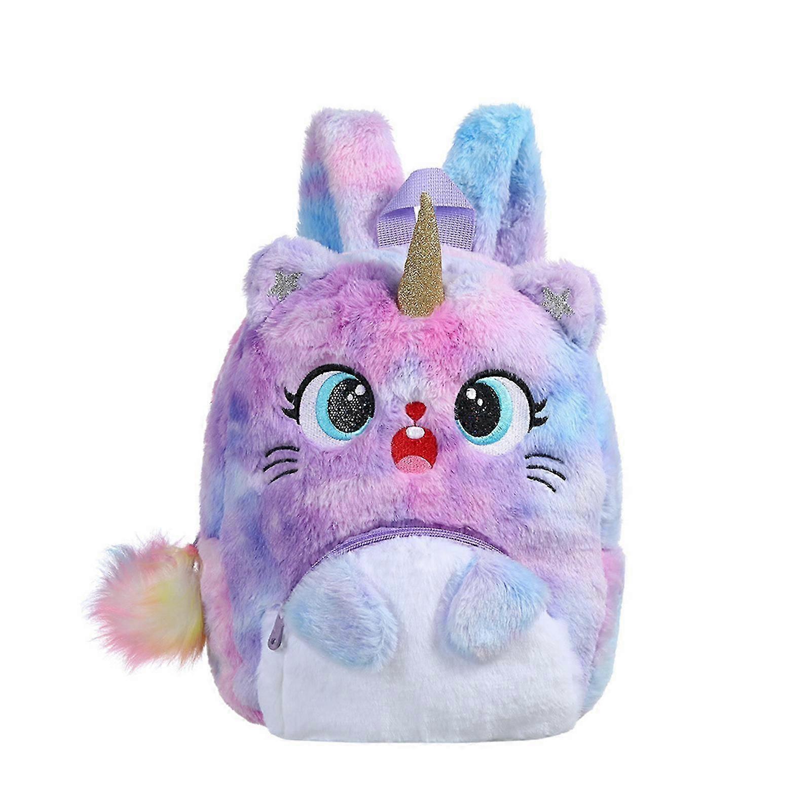 Big Eyes Cat Plush Backpack for Kids Cartoon School Bag Colorful Dyeing Shoulders Bag for Girl Gift Preschool Daily Use