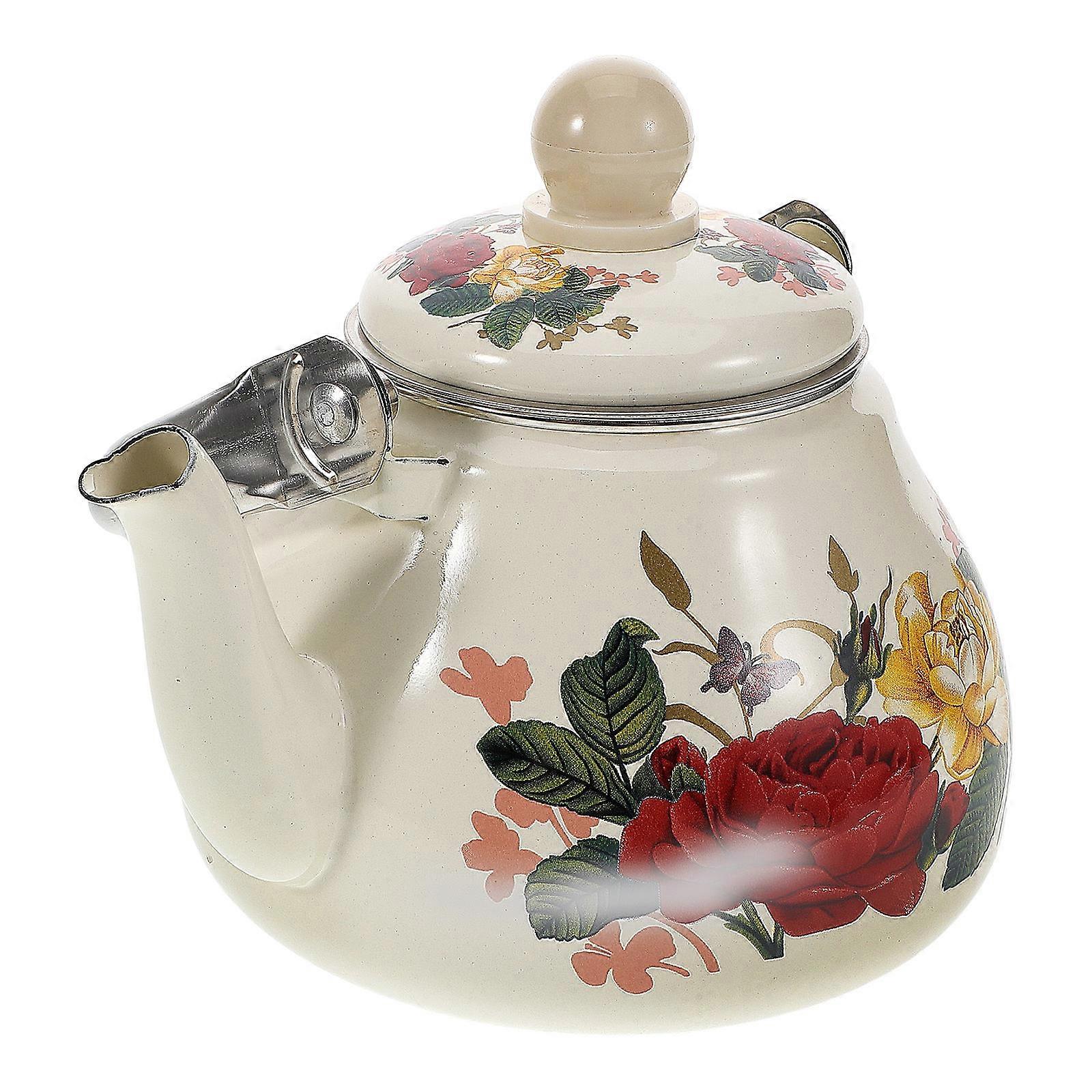 Tea Kettle Stovetop Floral, Sturdy Enamel Build with Practical Tea Leaf Filter