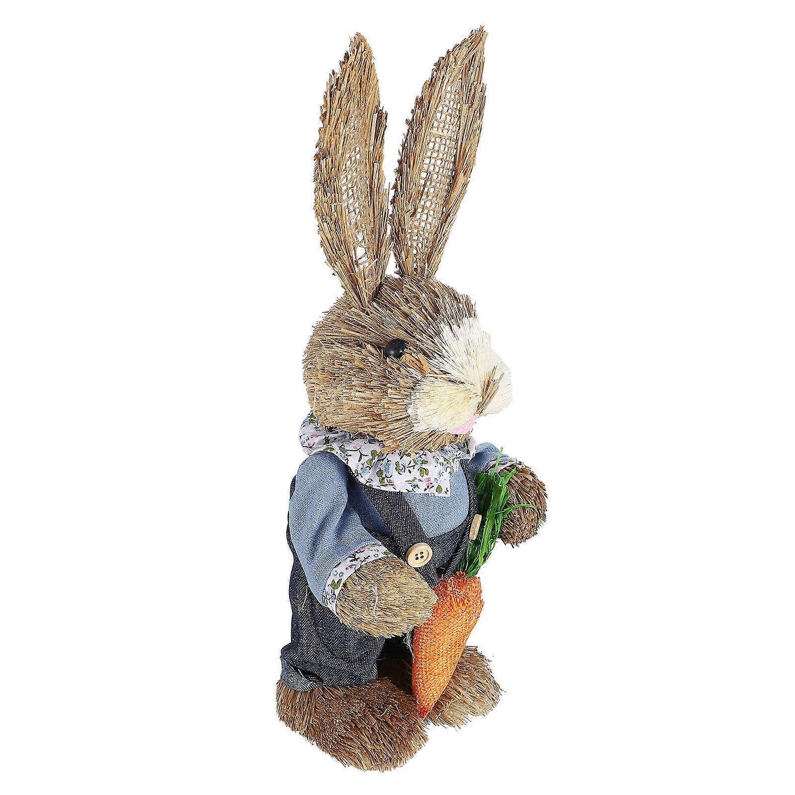 Rabbit Sculpture Cartoon Desktop Adornment Straw Material Rabbit Shape Rustic Style Children Families 1Set