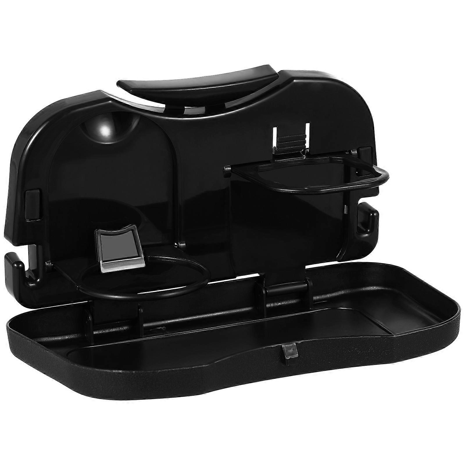 Auto Folding Car Dining Table with Beverage Holder & Storage Rack for Seat Back – Compact Black Design for Drinks and Snacks